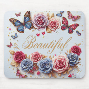 Tapis De Souris "Belle" aux papillons et rose
