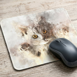 Tapis De Souris Belle et mignonne chatte joueuse aquarelle