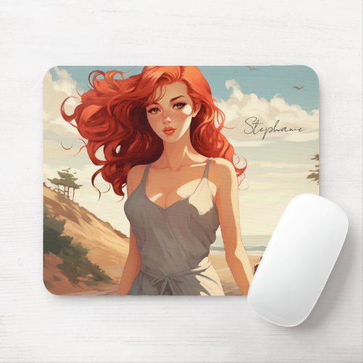 Tapis De Souris Belle Fille En Rouge À La Plage (Avec souris)