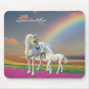 Tapis De Souris Belle Unicorne mère et poulain Unicorne fleur