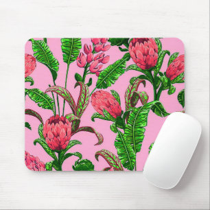 Tapis De Souris Belles feuilles vertes tropicales avec fleurs roug