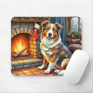 Tapis De Souris Berger Australien Cheminée avec Lumière de Noël