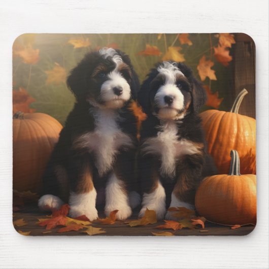 Tapis De Souris Bernedoodle Chiot Automne Citrouille de plaisir (Devant)