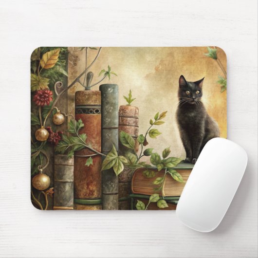 Tapis De Souris Bibliothèque de chat noir enchantée (Avec souris)