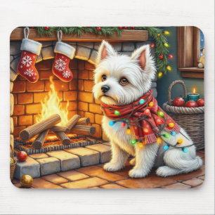 Tapis De Souris Bichon Frise Cheminée avec Lumières de Noël