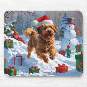 Tapis De Souris Bichon Havanais courant dans la neige avec un chap