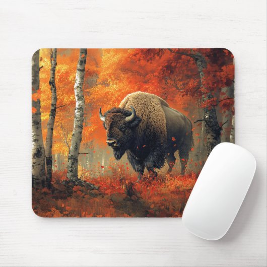 Tapis De Souris Bison dans l'artisanat boisé d'automne (Avec souris)