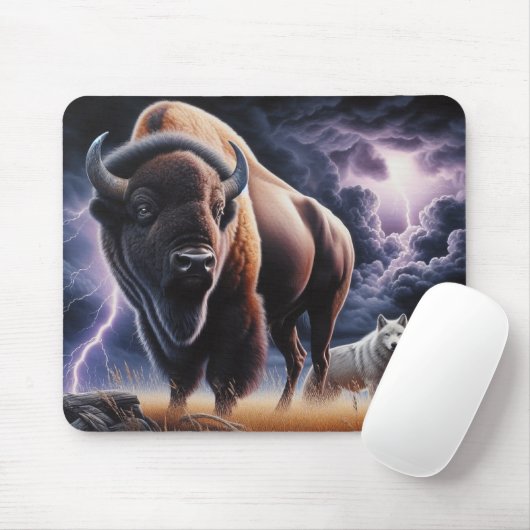 Tapis De Souris Bison et loup dans un orage avec éclair (Avec souris)