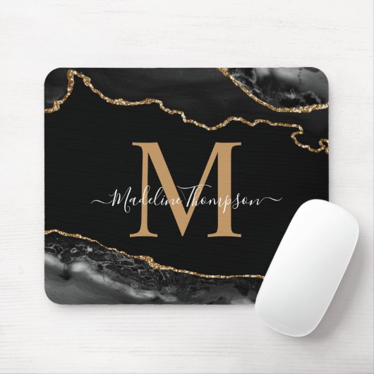 Tapis De Souris Black and Gold Agate Geode Monogram (Avec souris)