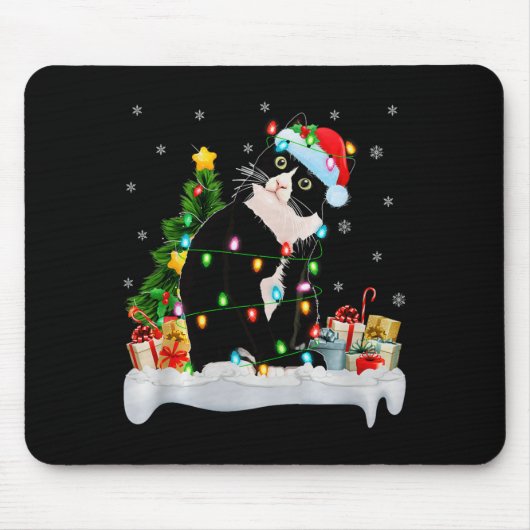 Tapis De Souris Black Cat Christmas Lights Santa Hat Black Cat Lov (Devant)