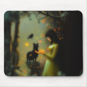 Tapis De Souris Black Cat Green Forest Occult Dark Witchk AI Art