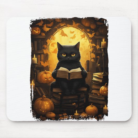 Tapis De Souris Black Cat Lecture Livres Citrouille Automne Enseig (Devant)