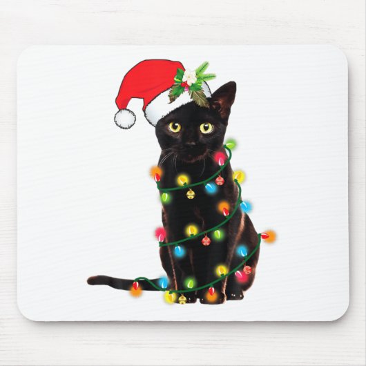 Tapis De Souris Black Cat Santa Tangled Up In Christmas Lights (Devant)