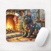 Tapis De Souris Black Cat Sitting Fireplace with Christmas Lights (Avec souris)