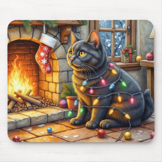Tapis De Souris Black Cat Sitting Fireplace with Christmas Lights (Devant)