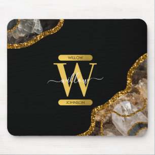 Tapis De Souris Black & Gold Agate Geode Glitter Monogram