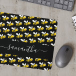 Tapis De Souris Black happy bumble bees fun humor monogram script<br><div class="desc">Decorated with happy, smiling yellow and black bumble bees. A chic black background. Personalize and add a name. The name is written with a modern hand lettered stylie script with swashes. To keep the swashes only delete the sample name, leave the spaces or emoji's in front and after the name....</div>