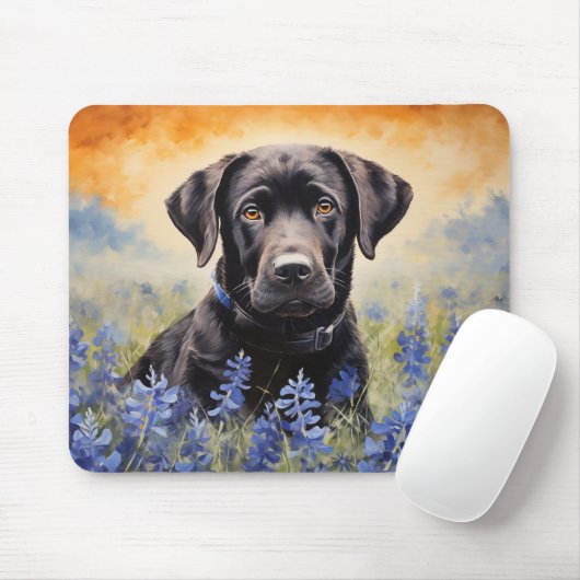 Tapis De Souris Black Labrador dans Bluebonnets (Avec souris)