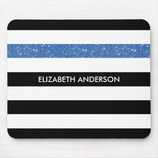 Tapis De Souris Black Stripes FAUX Blue Glitz and Name (Devant)
