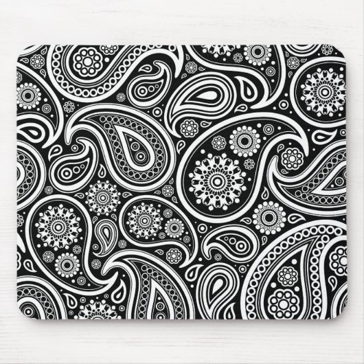 Tapis De Souris Blanc Retro Paisley Motif Design sur Noir (Devant)