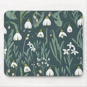 Tapis De Souris Blancs De Neige Fleurs Sur Vert