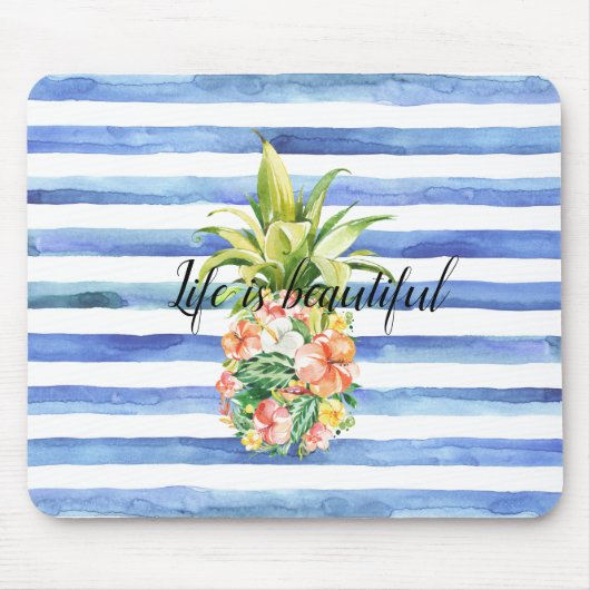 Tapis De Souris Bleu Blanc rayures Tropical Floral Ananas (Devant)