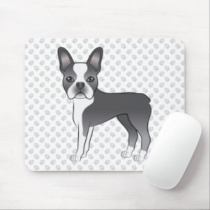 Tapis De Souris Bleu Et Blanc Boston Terrier Cartoon Chien & Paws