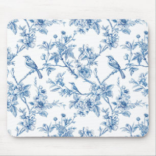 Tapis De Souris Bleu et blanc Chinoiserie Fleurs Oiseaux