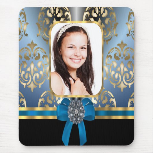 Tapis De Souris Bleu et or damassé (Devant)