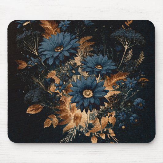 Tapis De Souris Bleu foncé Marine & or Rustique Floral Glam Boho (Devant)