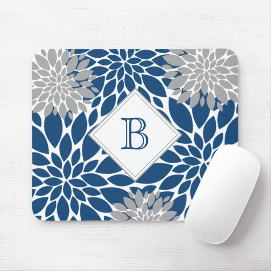 Tapis De Souris Bleu Gris Moderne Fleurs Initiales Monogramme Sour (Avec souris)