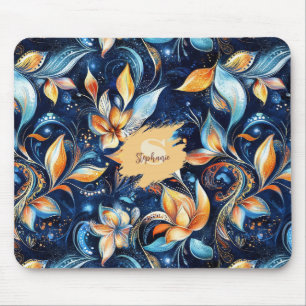 Tapis De Souris Bleu marine Art folklorique slave Floral en orange