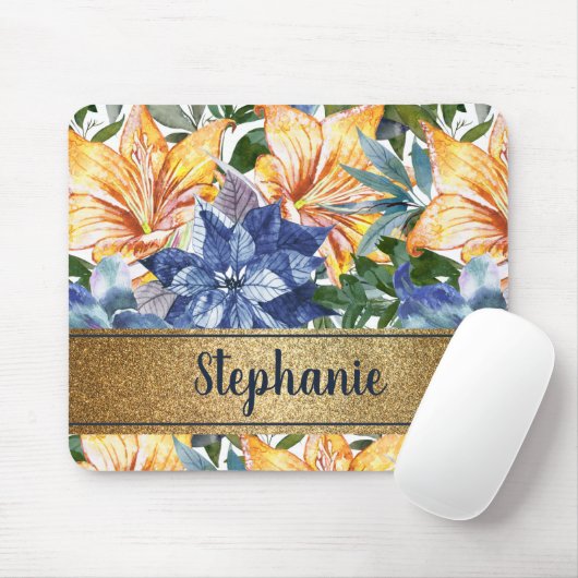 Tapis De Souris Bleu marine orange floral or nom script (Avec souris)