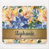 Tapis De Souris Bleu marine orange floral or nom script (Devant)
