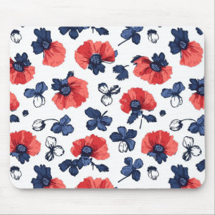 Tapis De Souris Bleu Nuit & Coquelicot Floral Vintage