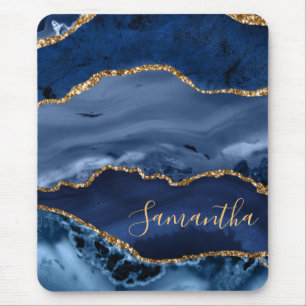 Tapis De Souris Bleu Nuit et Agate Marbrée de Faux Paillettes d'Or