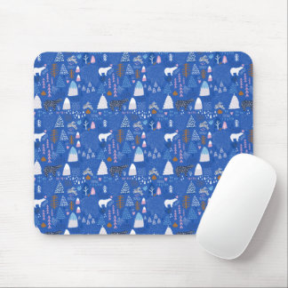 Tapis De Souris Bleu rose neigeux Bonne forêt d'hiver Bear Bunny