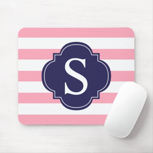 Tapis De Souris Bleu rose rayures Monogramme (Avec souris)