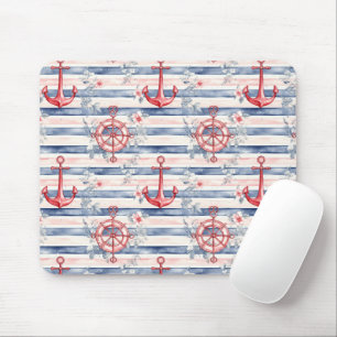 Tapis De Souris Bleu Rouge Ancres Floral Rayures Plage
