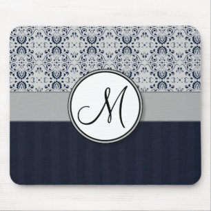 Tapis De Souris Bleu sur Argent Damask avec Navy Stripes et Monogr