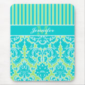 Tapis De Souris Bleu Vert blanc rayé Damas Monogramme Mousepad (Devant)