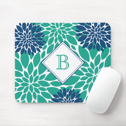 Tapis De Souris Blue and Green Modern Blooms Initial Monogram (Avec souris)