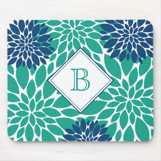 Tapis De Souris Blue and Green Modern Blooms Initial Monogram (Devant)