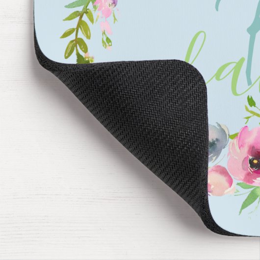 Tapis De Souris Blue Boho Pastel Floral Nom Script Monogramme (Coin)