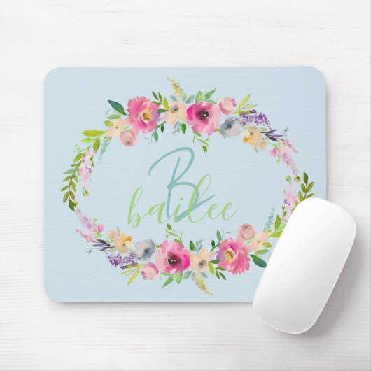 Tapis De Souris Blue Boho Pastel Floral Nom Script Monogramme (Avec souris)