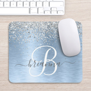 Tapis De Souris Blue Brushed Metal Silver Glitter Monogram Name