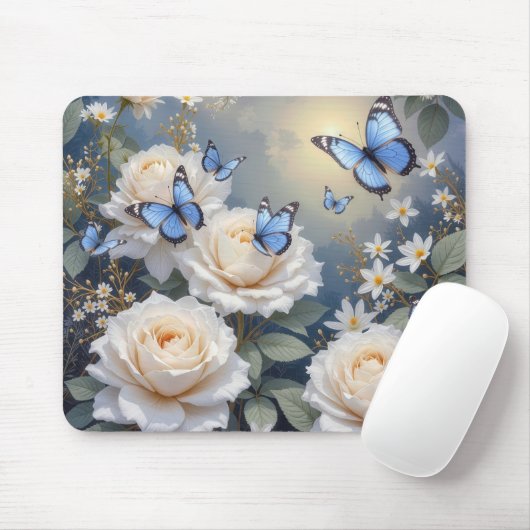 Tapis De Souris Blue Butterflies in a White Rose Garden (Avec souris)