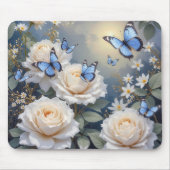 Tapis De Souris Blue Butterflies in a White Rose Garden (Devant)