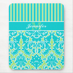 Tapis De Souris Blue Green White Striped Damask Monogram Mousepad