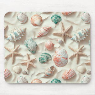 Tapis De Souris Blue Seashell Peach Coral Beach Cottage